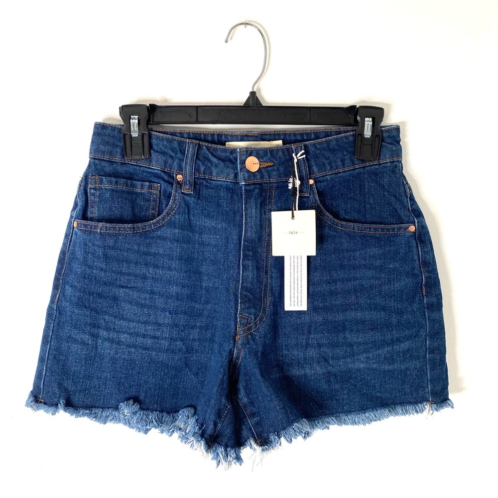 TGLA High Rise Fray Hem Dark Wash Jean Shorts NWT Stretch Denim